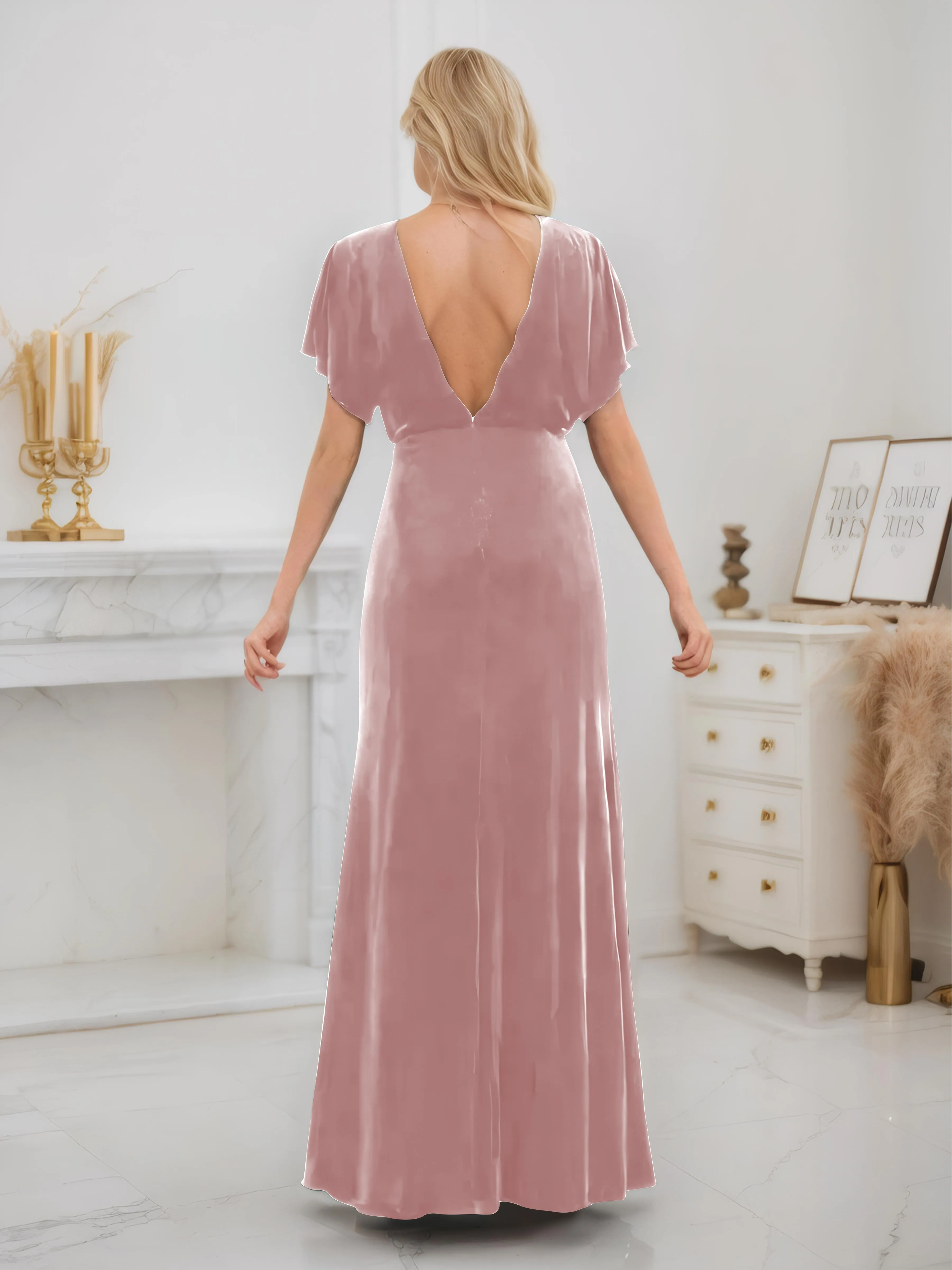 Ellis Trendy Short Sleeves Slit Long Velvet Bridesmaid Dresses