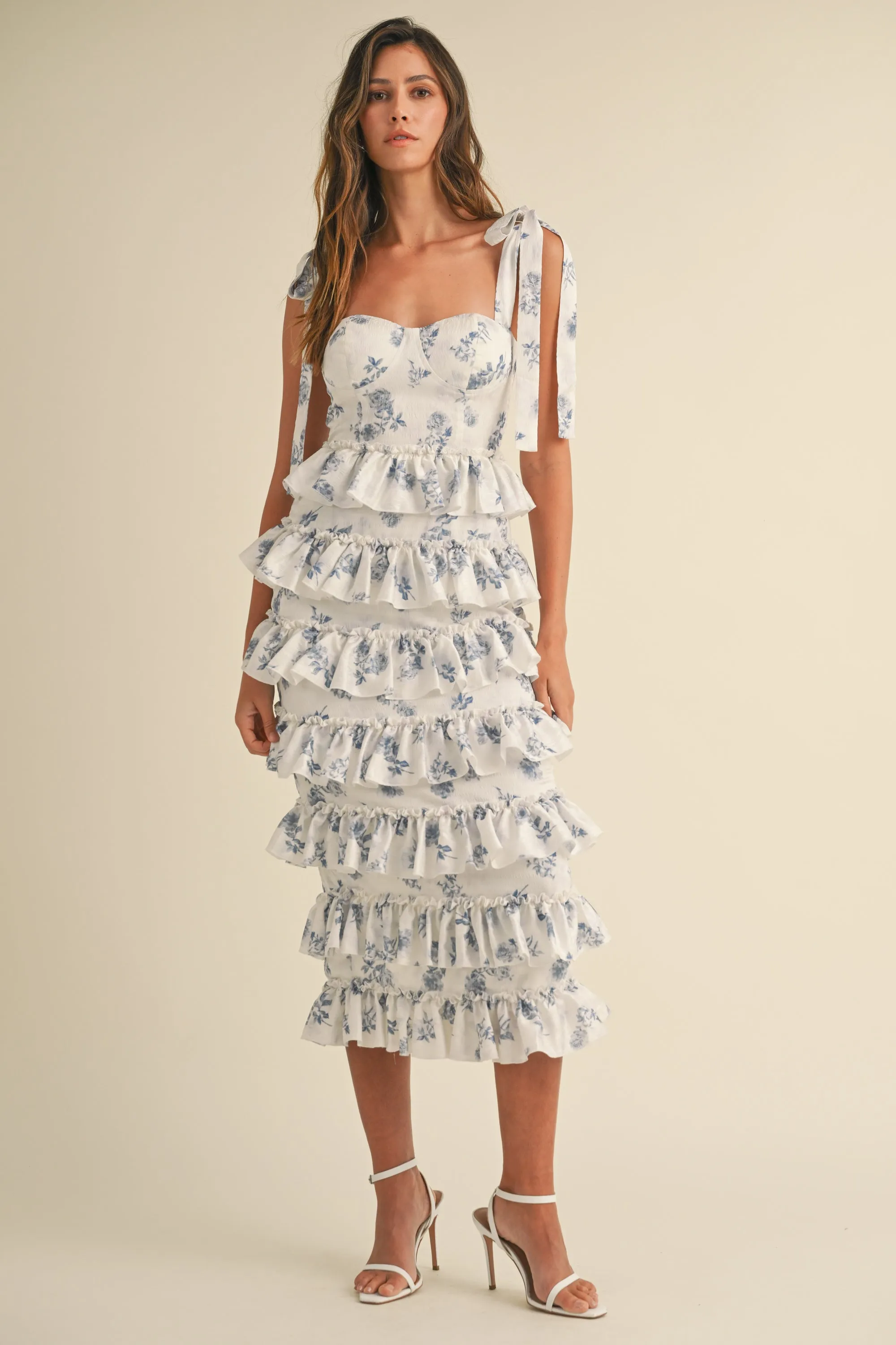 EMBREE FLORAL TIERED BUSTIER MIDI DRESS