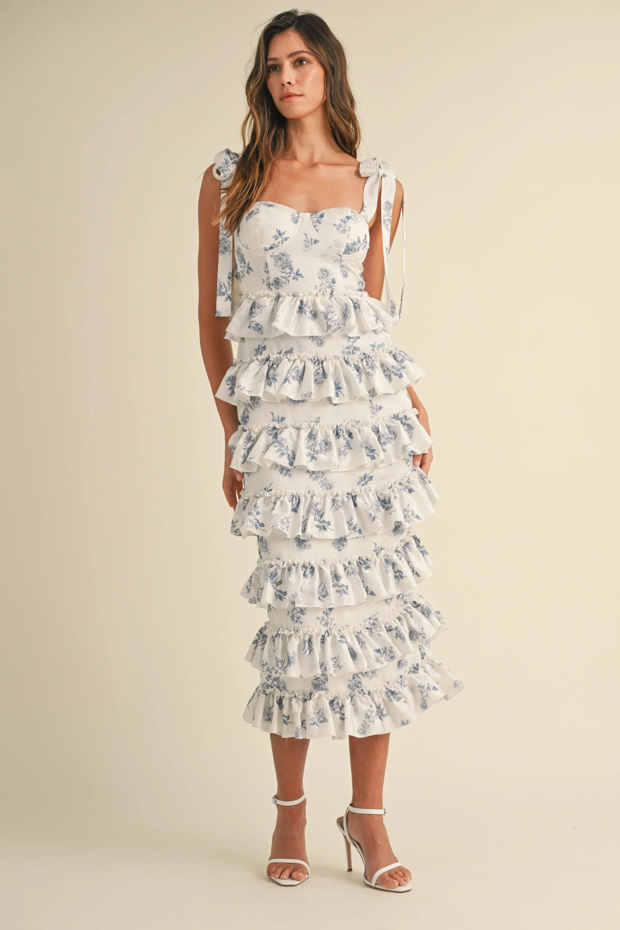 EMBREE FLORAL TIERED BUSTIER MIDI DRESS