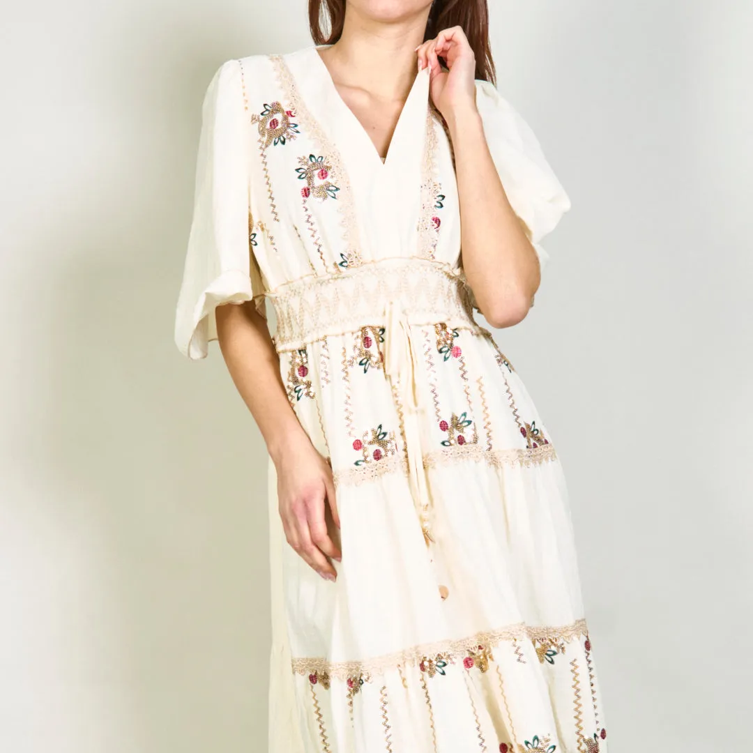 Embroidered tiered maxi dress with lace trim wholesale