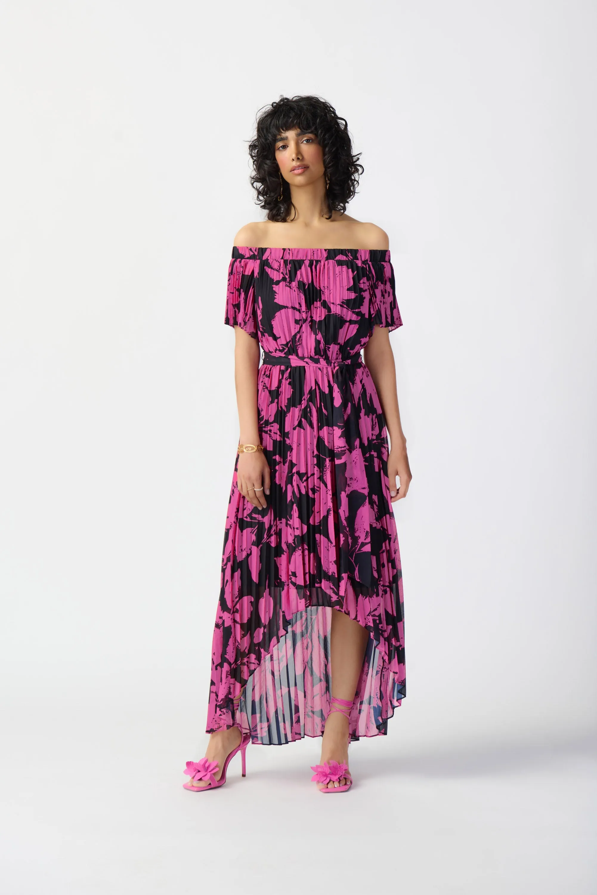 Floral Print Chiffon Off-Shoulder Pleated Dress