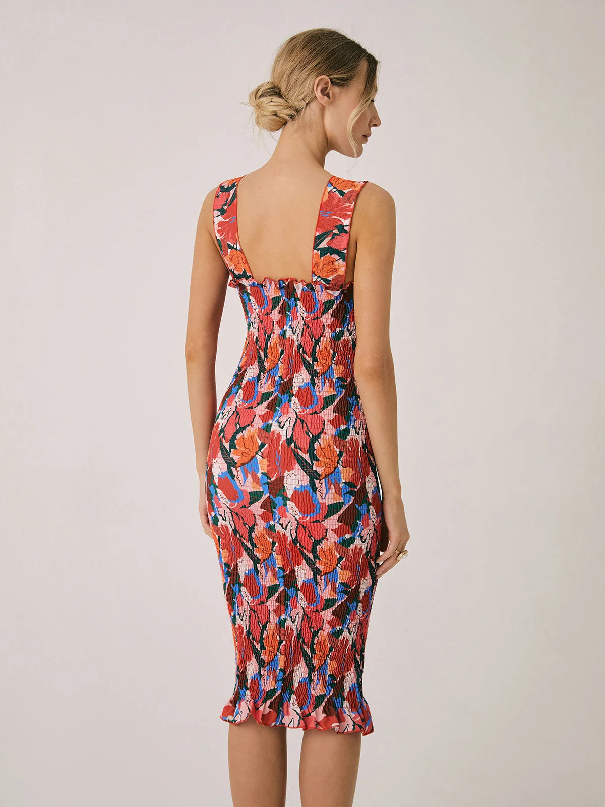 Floral Ruffle Graceful Shirred Midi Dress