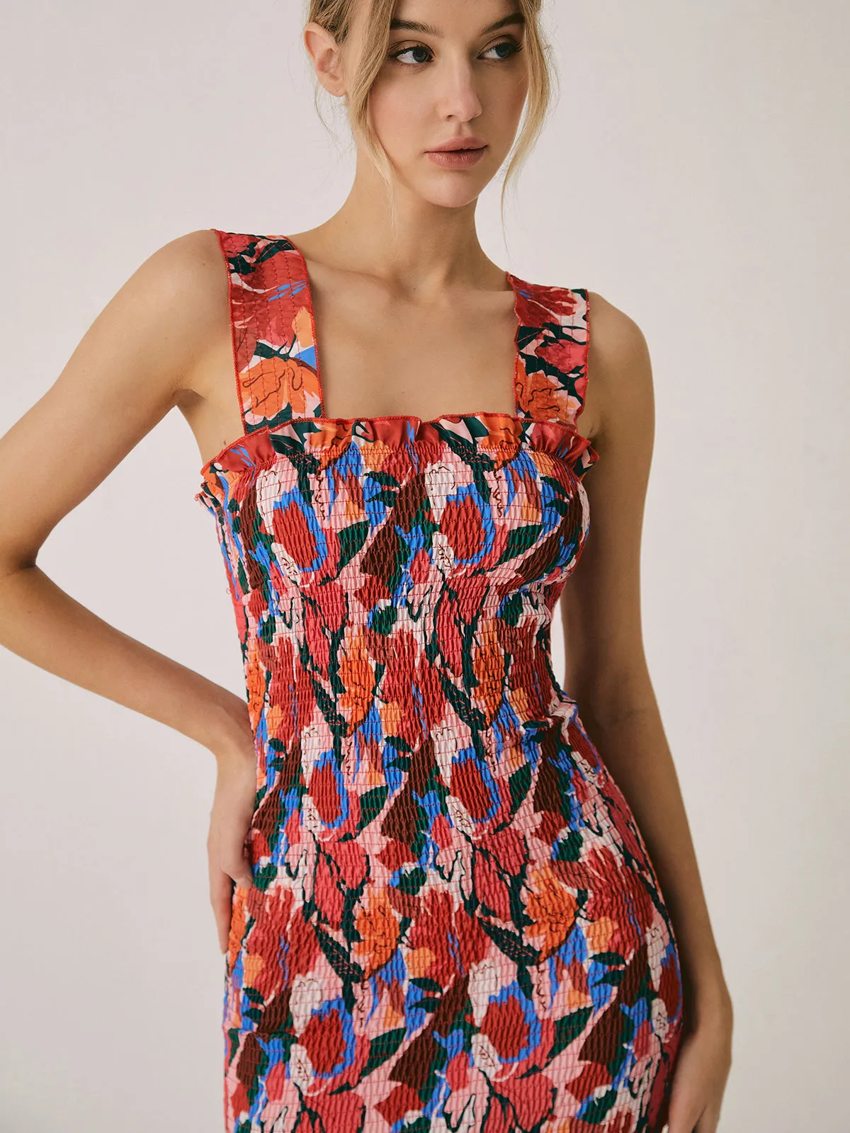 Floral Ruffle Graceful Shirred Midi Dress