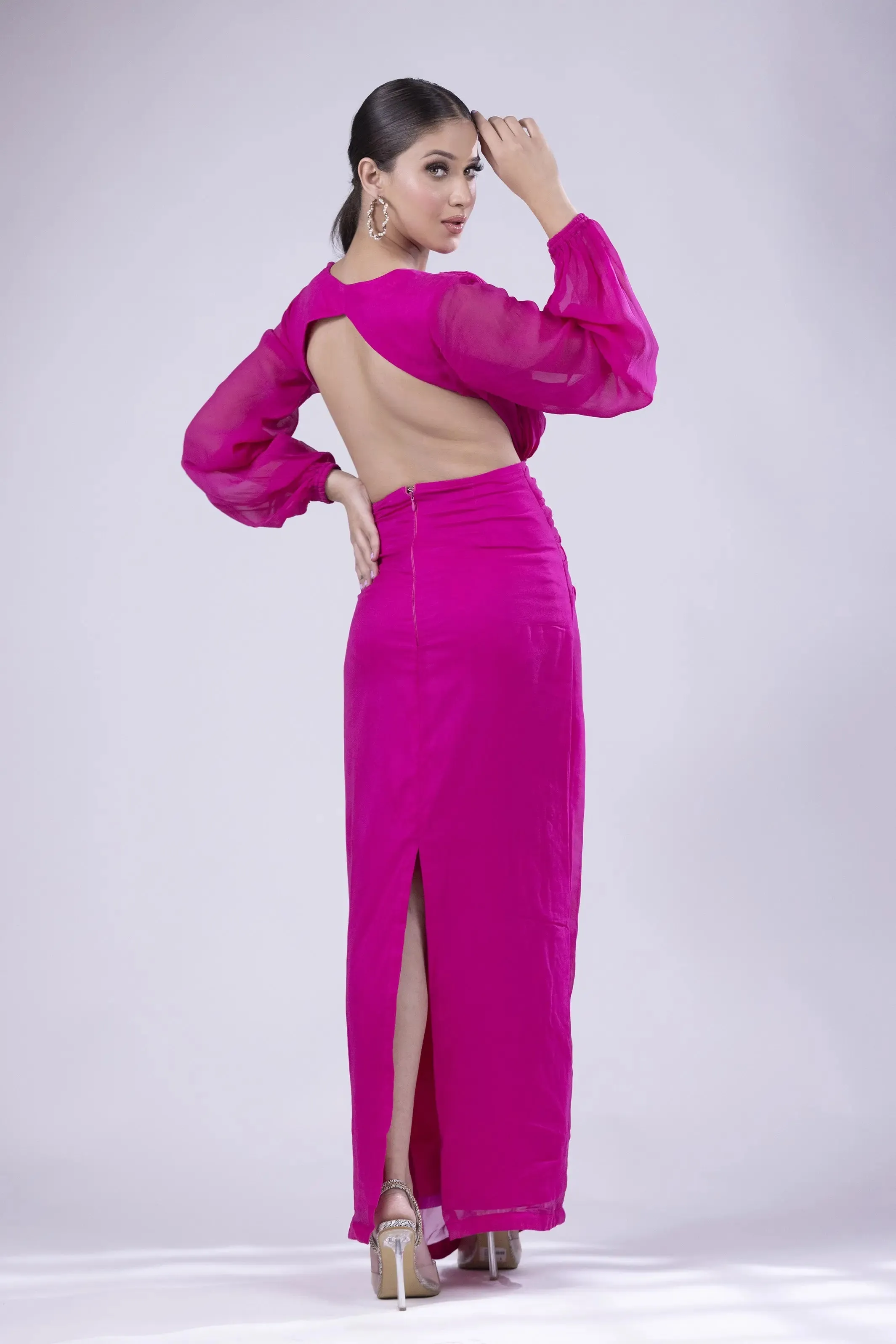 Fuchsia Elegance: Long Fitted Dress in Chiffon and Lycra