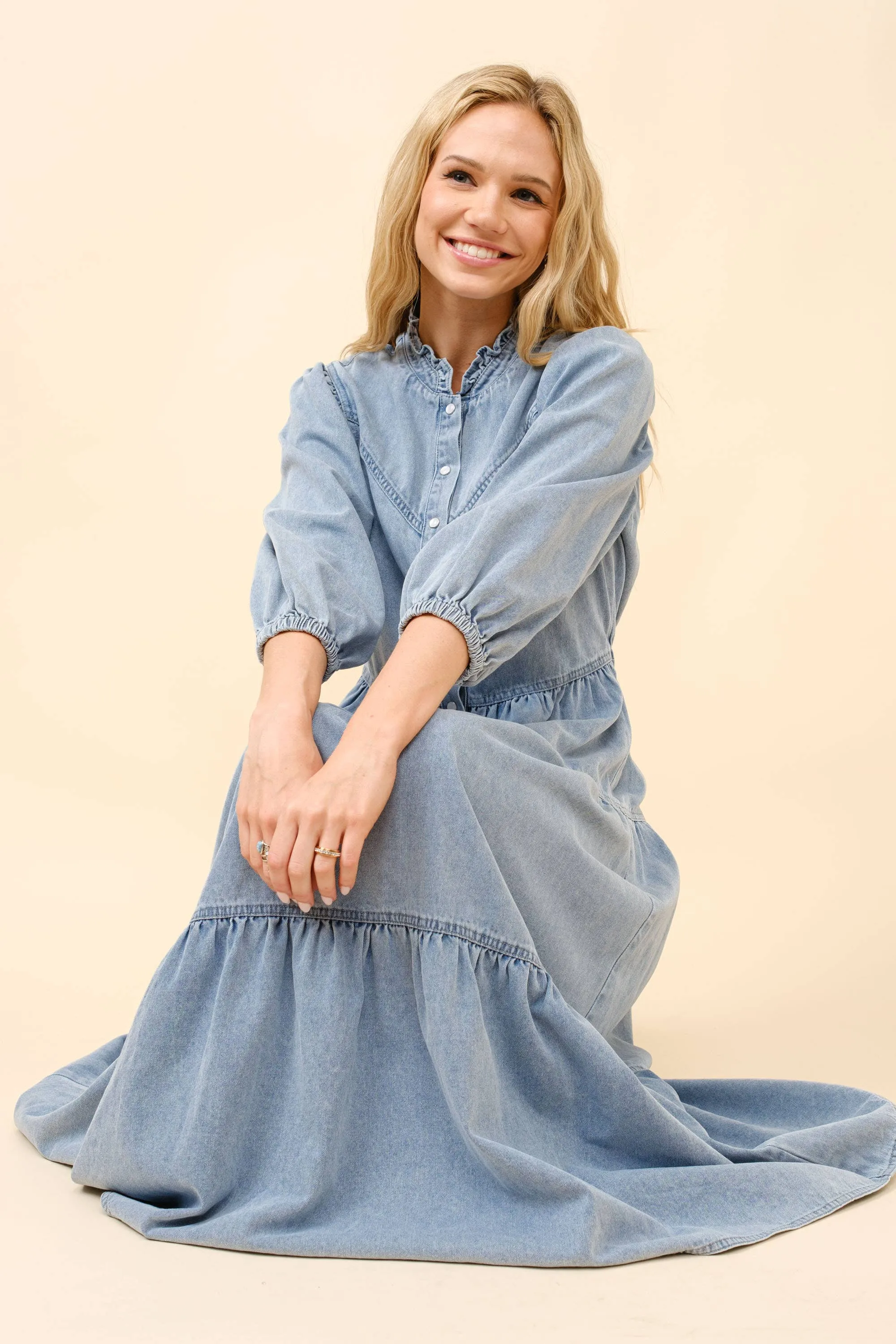 Garment Washed Chevron Yoke Midi Denim Dress