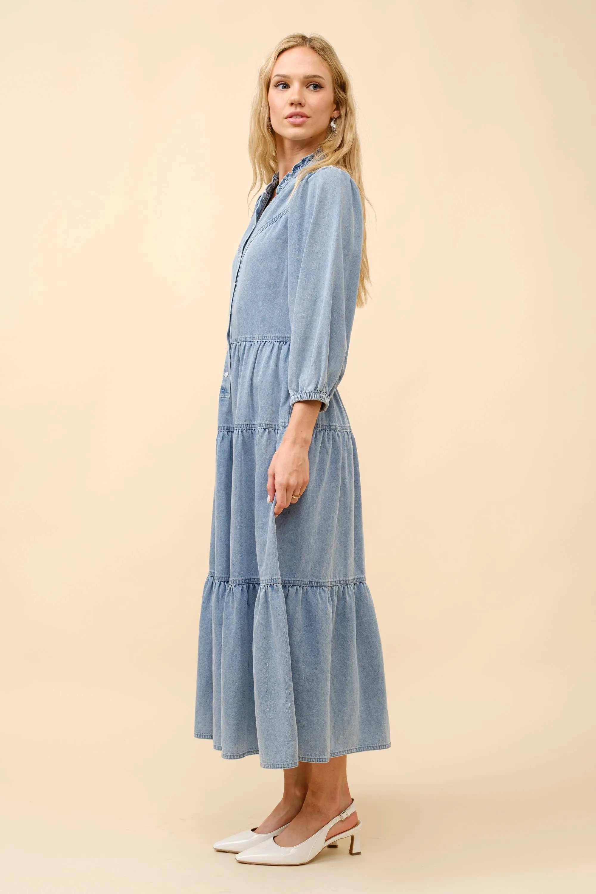 Garment Washed Chevron Yoke Midi Denim Dress