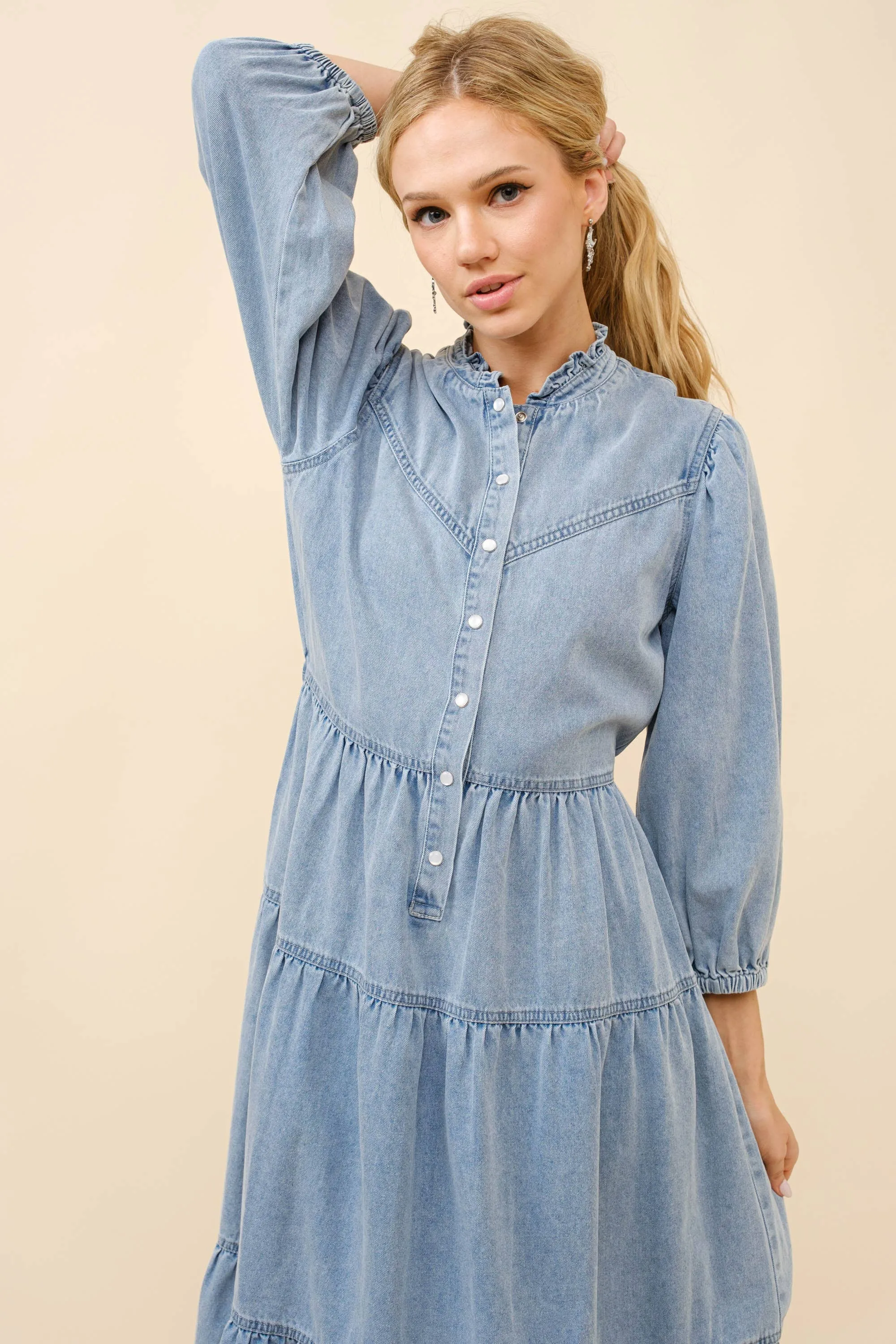 Garment Washed Chevron Yoke Midi Denim Dress