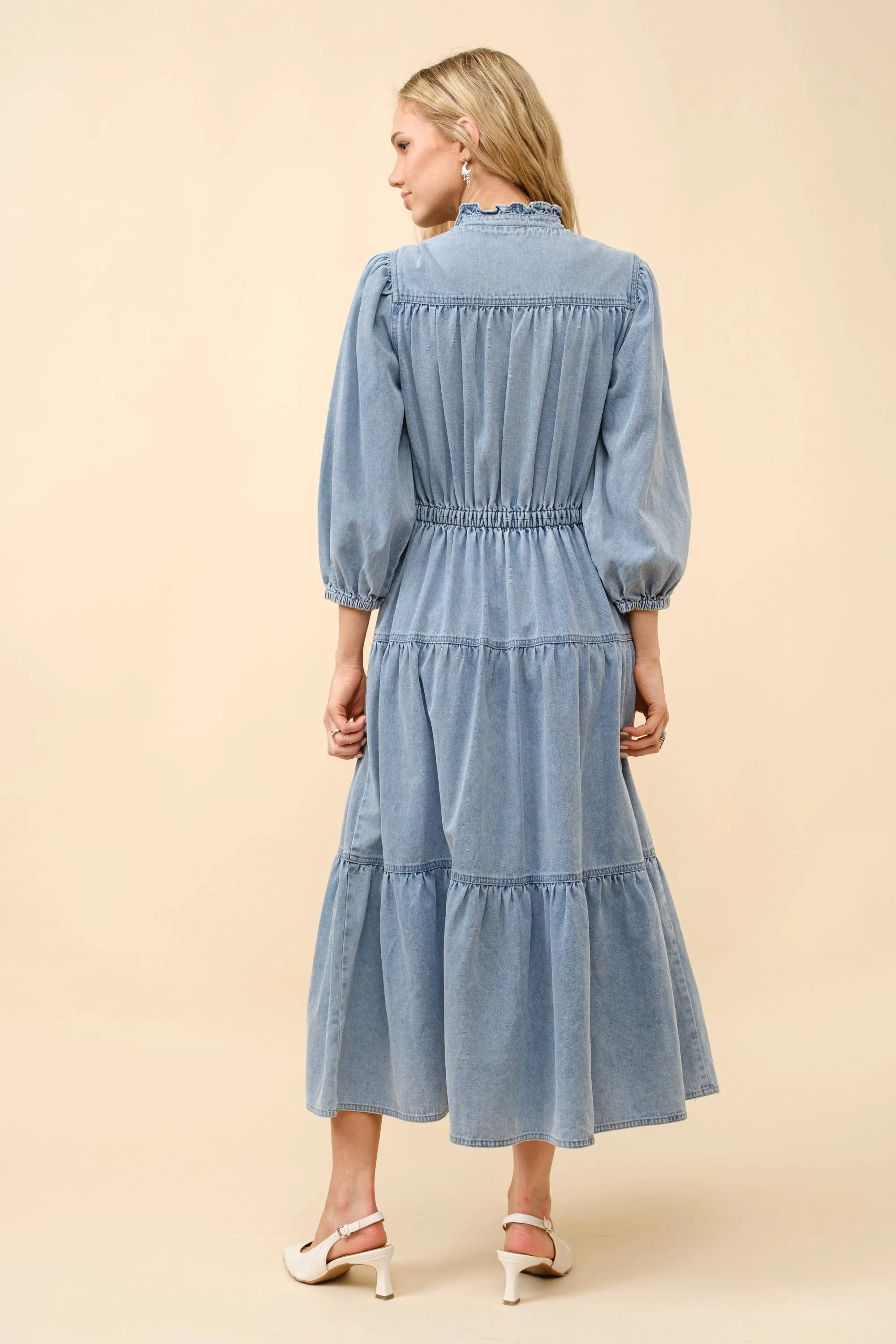 Garment Washed Chevron Yoke Midi Denim Dress