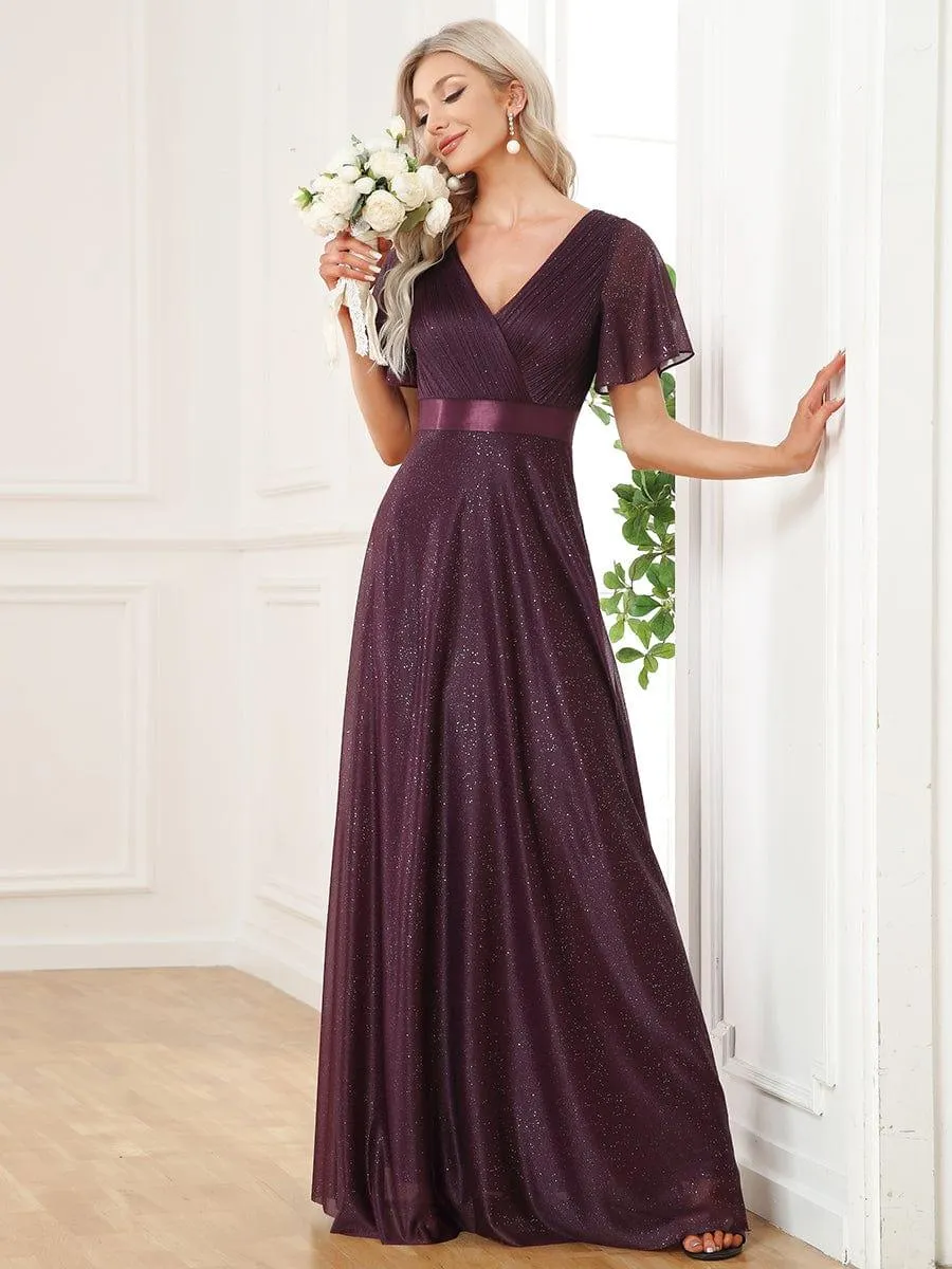 Glitter Short Sleeve V-Neck  A-Line Wedding Guest Dress