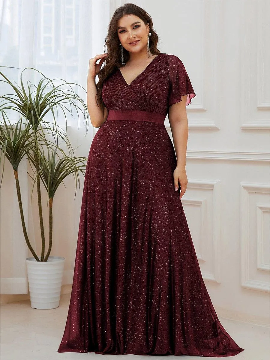 Glitter Short Sleeve V-Neck  A-Line Wedding Guest Dress