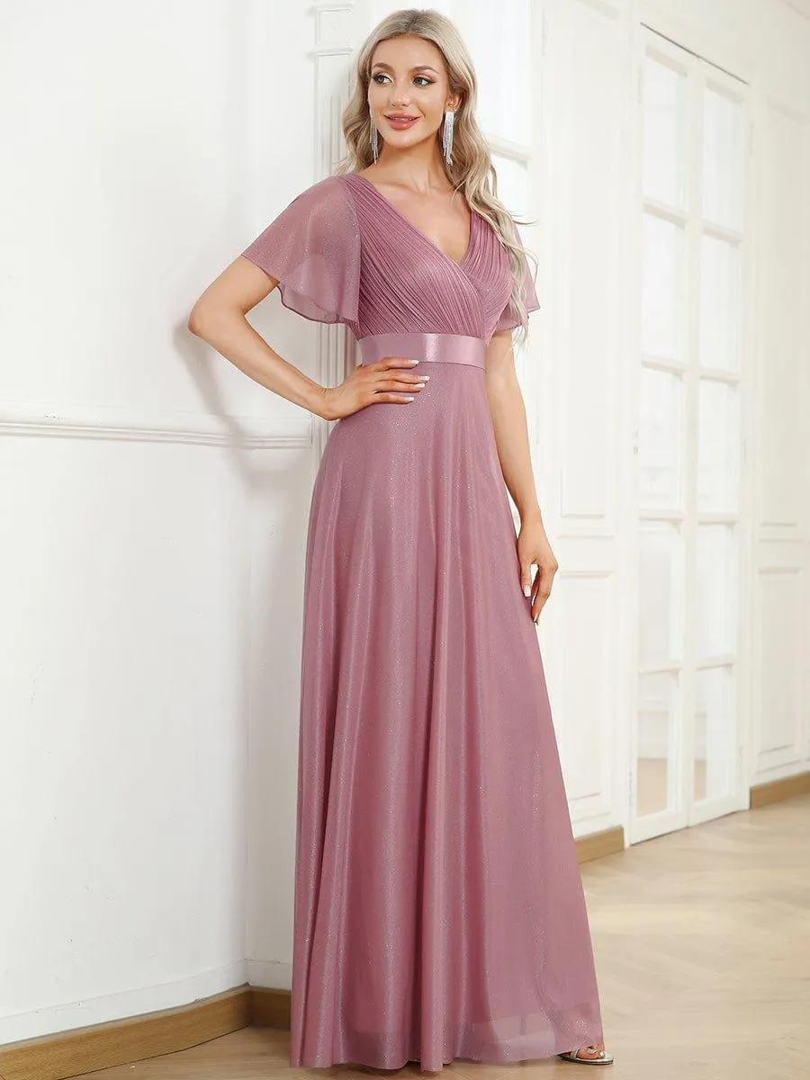 Glitter Short Sleeve V-Neck  A-Line Wedding Guest Dress