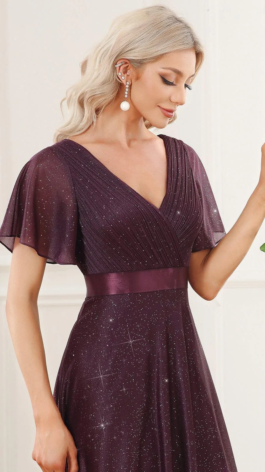 Glitter Short Sleeve V-Neck  A-Line Wedding Guest Dress