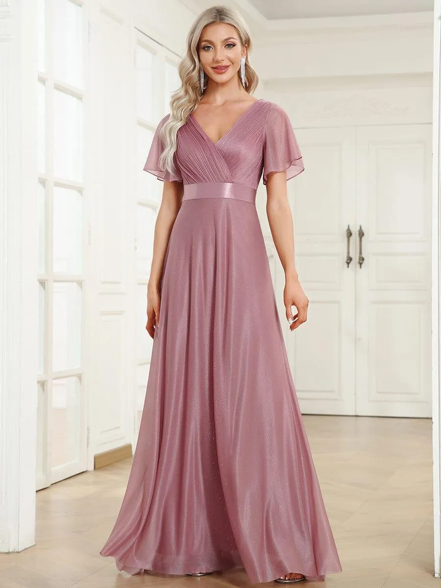 Glitter Short Sleeve V-Neck  A-Line Wedding Guest Dress