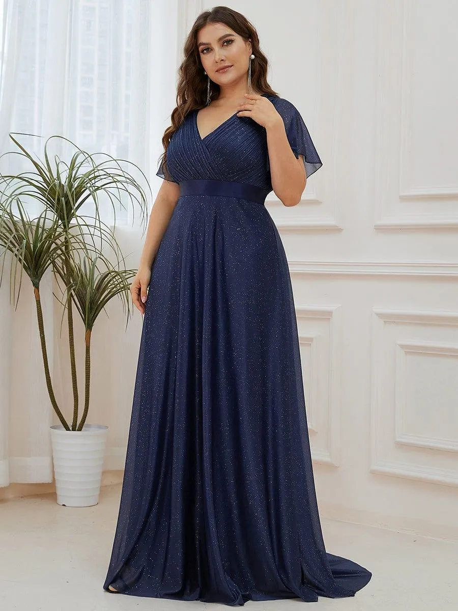 Glitter Short Sleeve V-Neck  A-Line Wedding Guest Dress