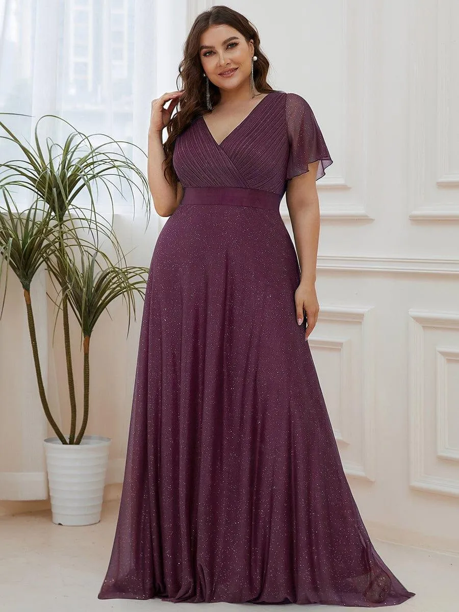 Glitter Short Sleeve V-Neck  A-Line Wedding Guest Dress