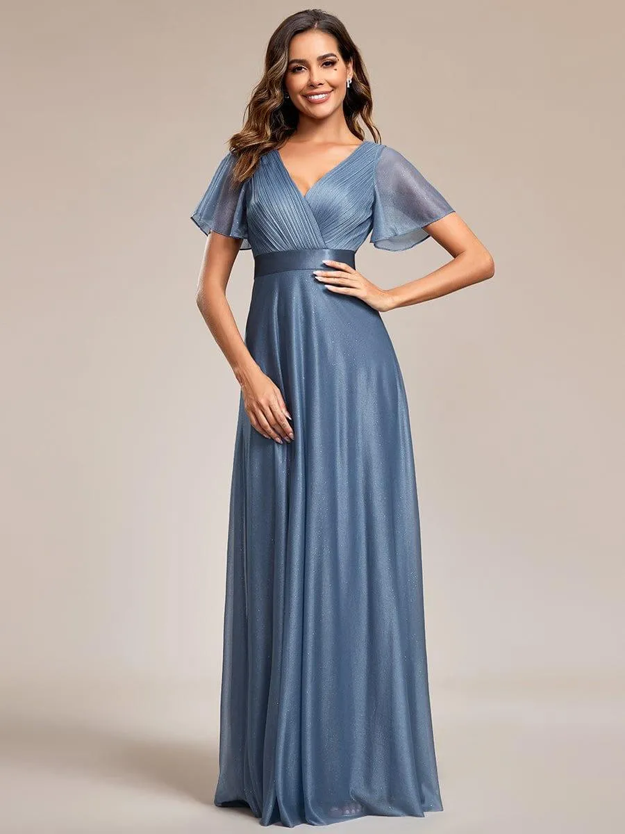 Glitter Short Sleeve V-Neck  A-Line Wedding Guest Dress