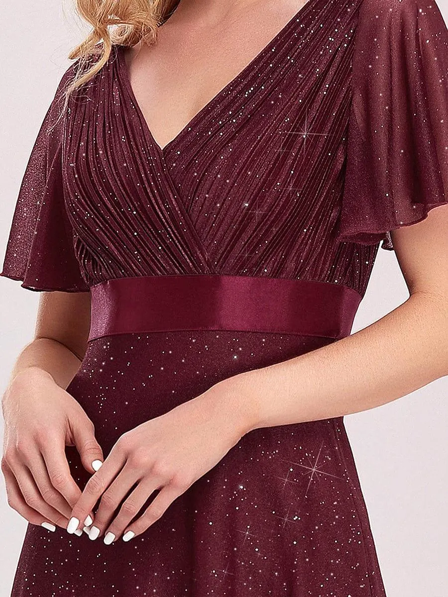 Glitter Short Sleeve V-Neck  A-Line Wedding Guest Dress