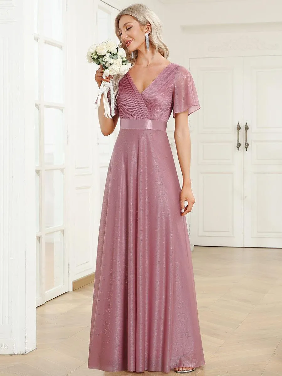 Glitter Short Sleeve V-Neck  A-Line Wedding Guest Dress