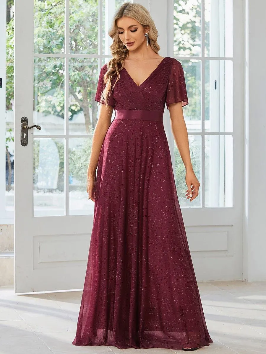 Glitter Short Sleeve V-Neck  A-Line Wedding Guest Dress