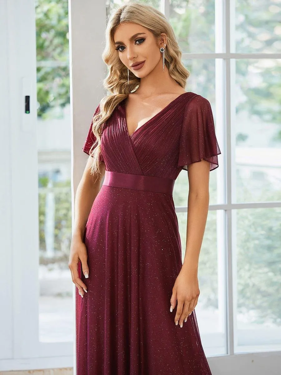 Glitter Short Sleeve V-Neck  A-Line Wedding Guest Dress