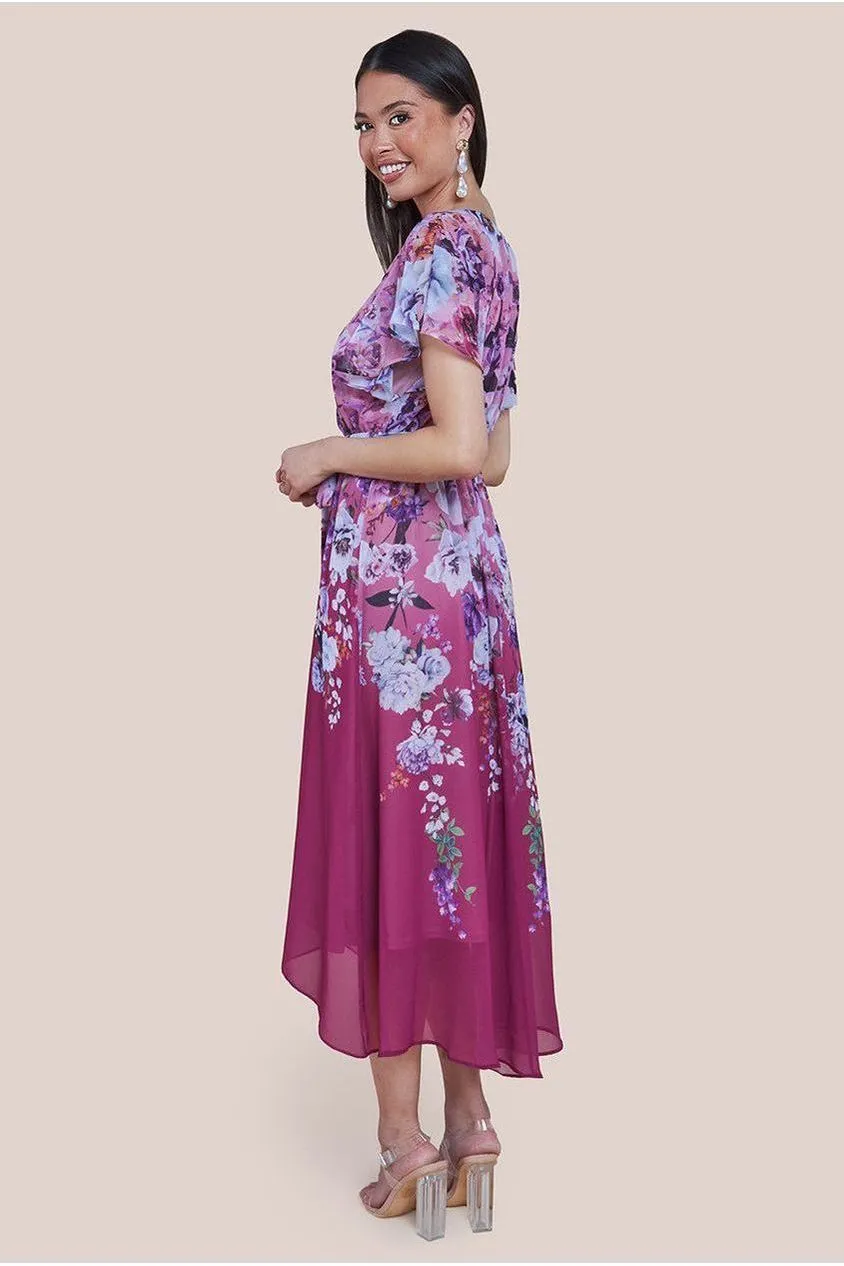 Goddiva Flutter Sleeve A-Line Chiffon Floral Printed Midi Dress - Magenta