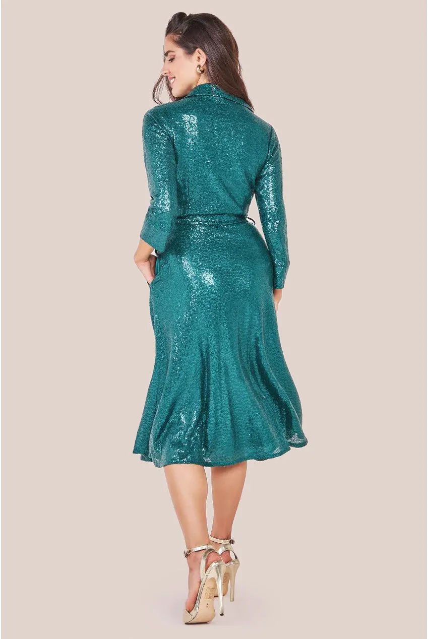 Goddiva Sequin Skater Shirt Dress - Emerald Green