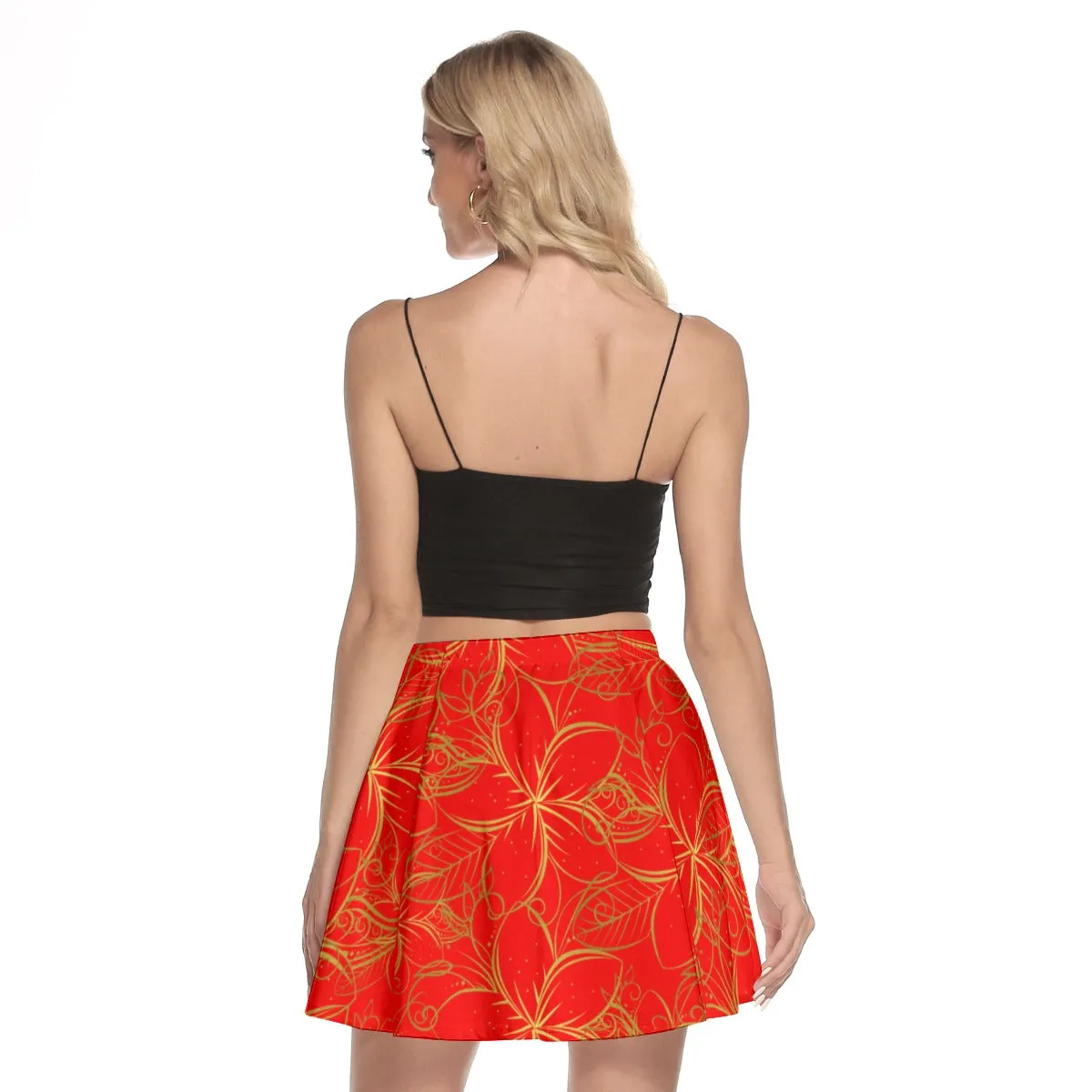 Golden Frangipani Red Mini Skater Skirt No Pockets up to 3XL (FWS)