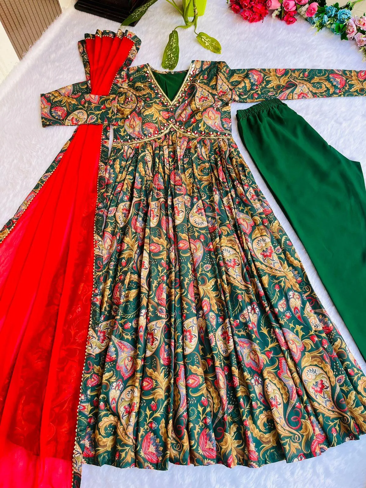 Green Red Boho Floral Special: Aliya Cut Dresses with Dupatta and Pant! 🌺🌺