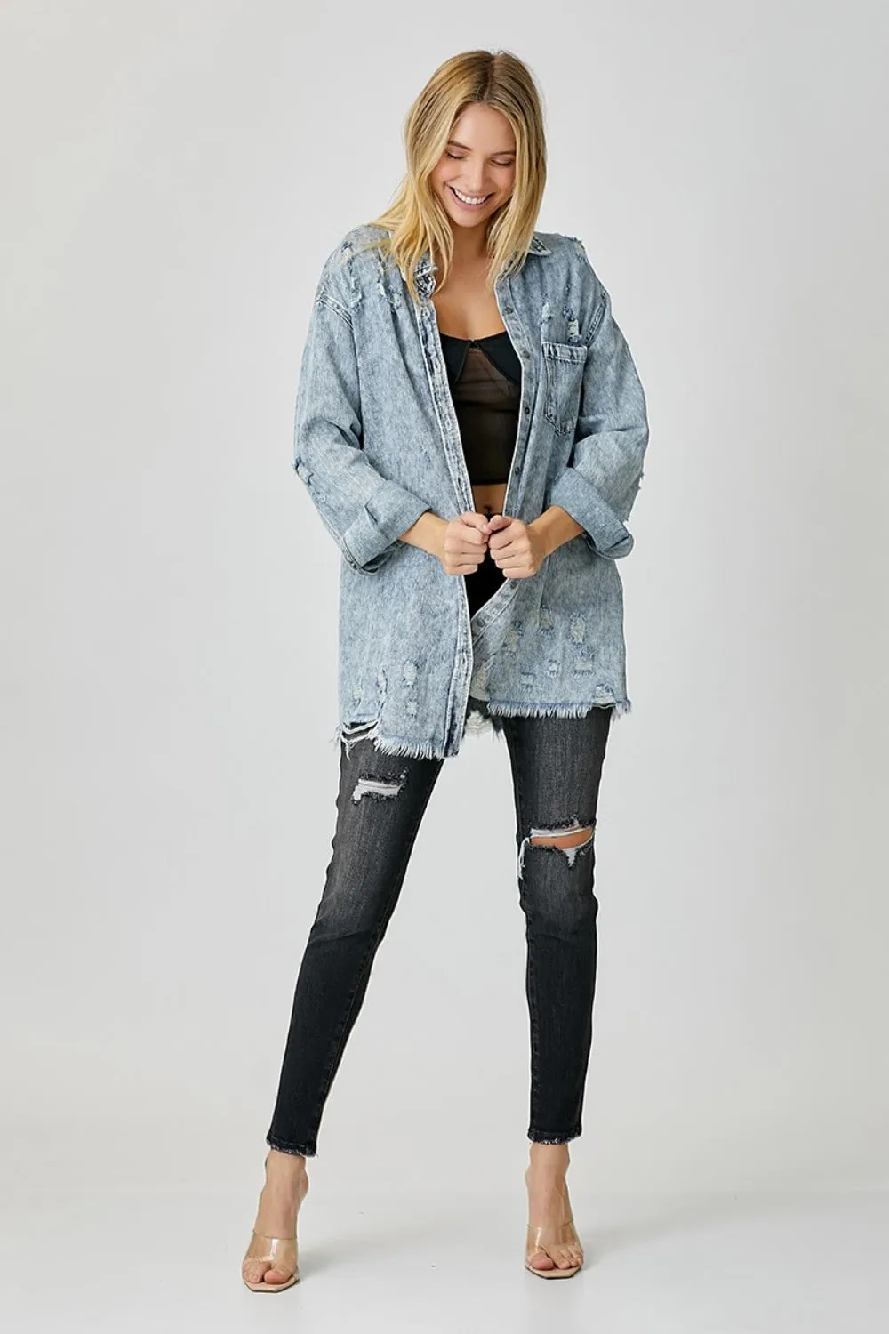 Hazel Blues® |  RISEN Distressed Raw Hem Denim Shirt