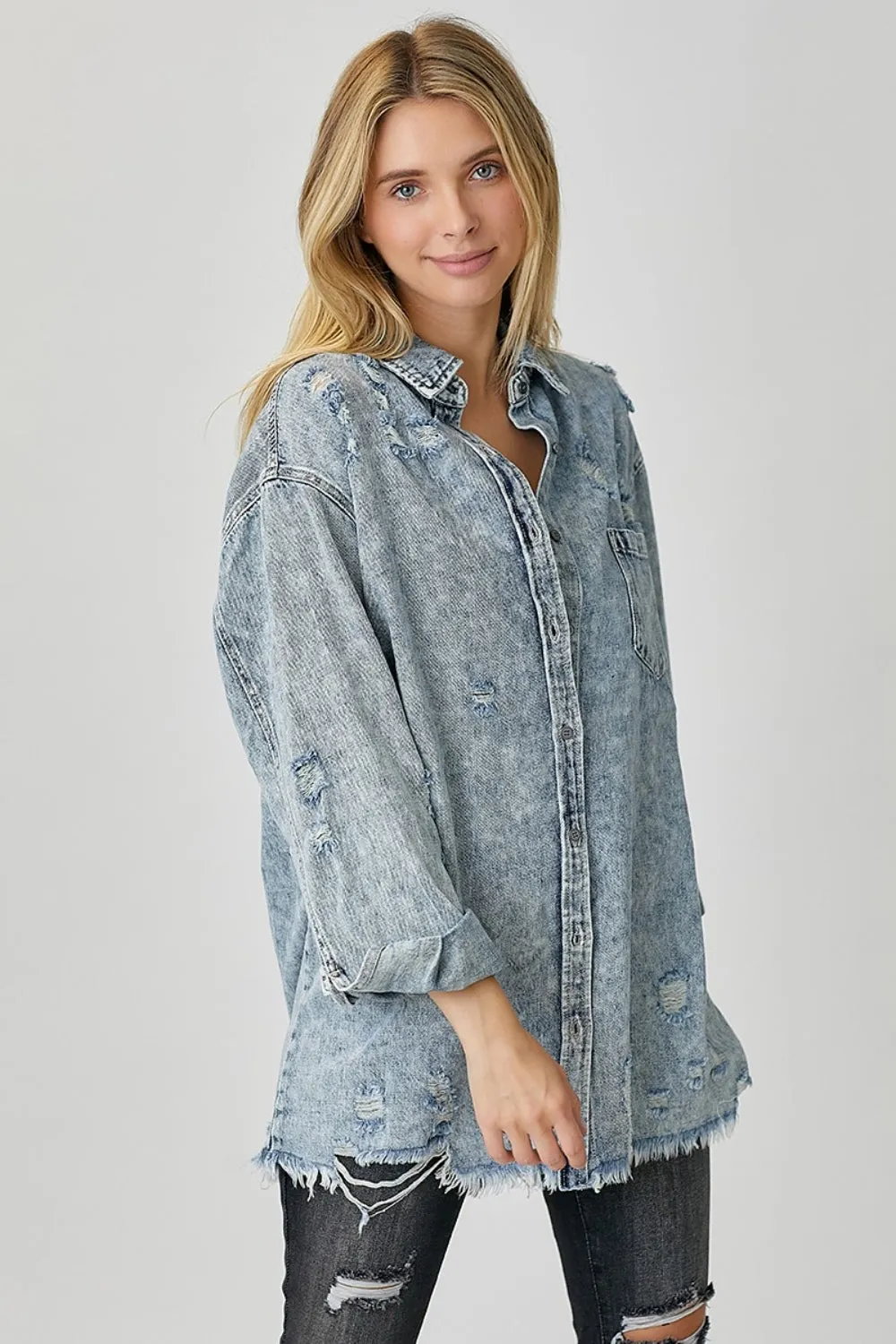 Hazel Blues® |  RISEN Distressed Raw Hem Denim Shirt