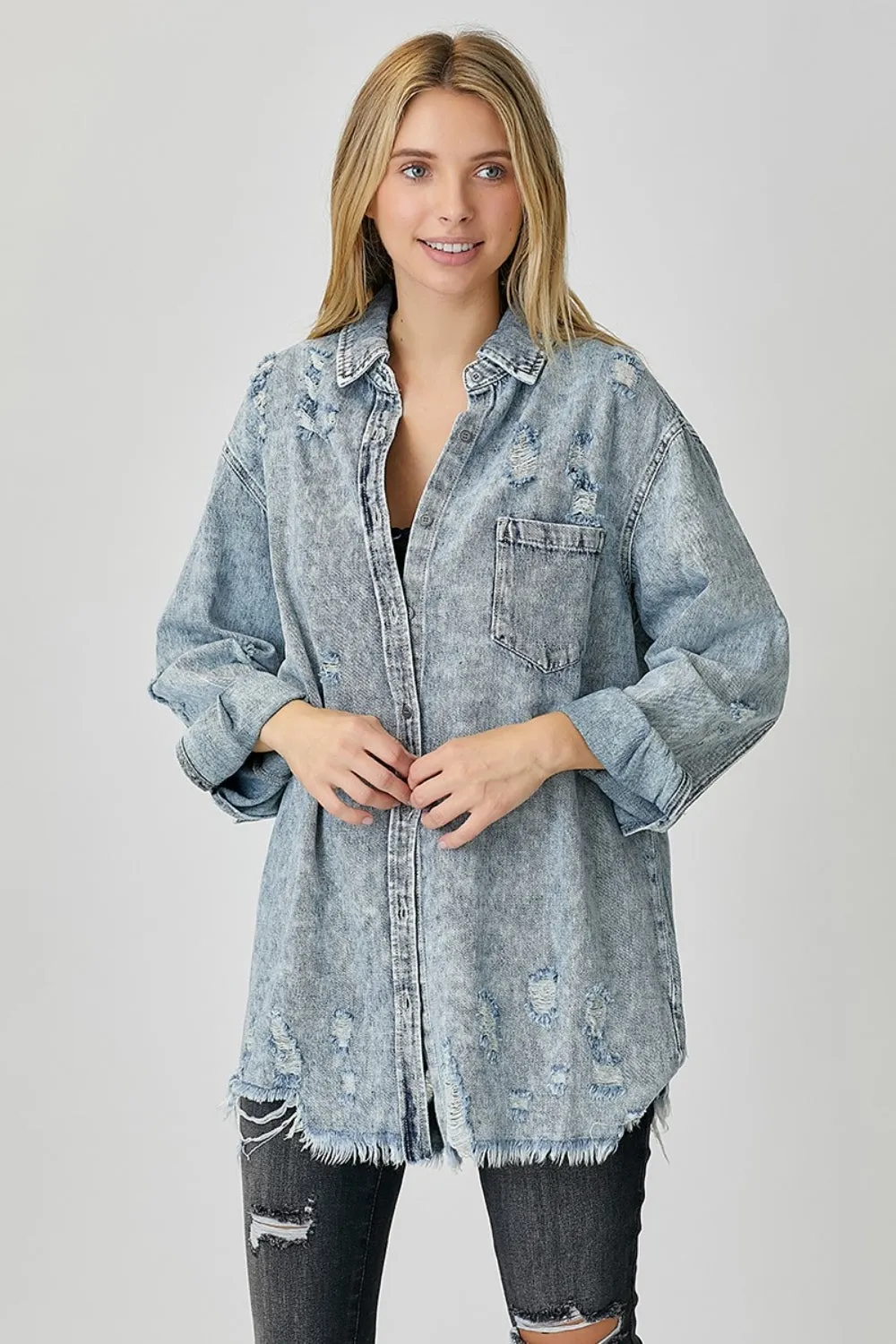 Hazel Blues® |  RISEN Distressed Raw Hem Denim Shirt