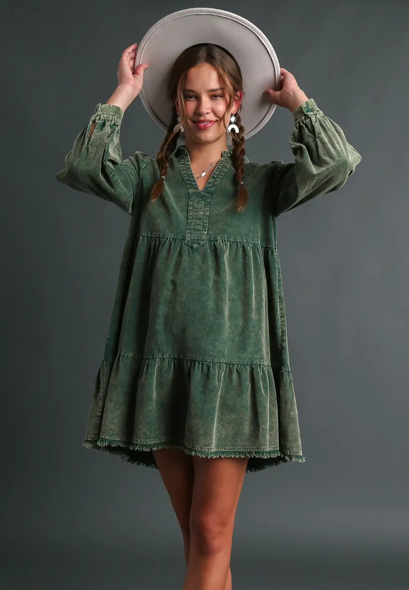 Hunter Green Mineral Wash Corduroy Dress