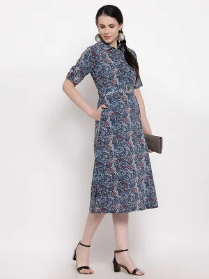 Indibelle Cotton Floral Print Shirt A-Line Dress (Blue)