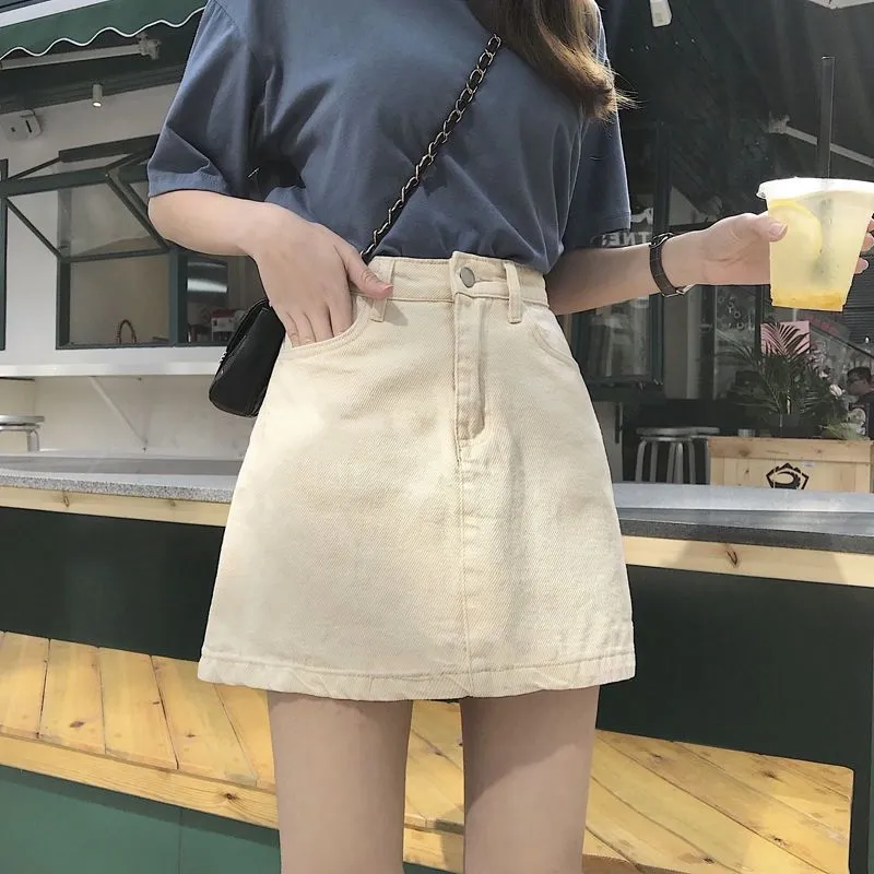 ins Black Denim Skirt Women Korean All-Matching High Waist A-Line Hip Flattering Short Skirt