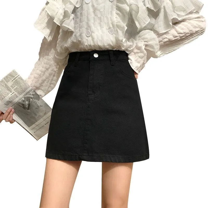 ins Black Denim Skirt Women Korean All-Matching High Waist A-Line Hip Flattering Short Skirt