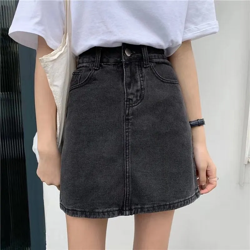 ins Black Denim Skirt Women Korean All-Matching High Waist A-Line Hip Flattering Short Skirt