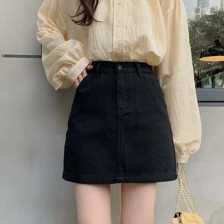 ins Black Denim Skirt Women Korean All-Matching High Waist A-Line Hip Flattering Short Skirt