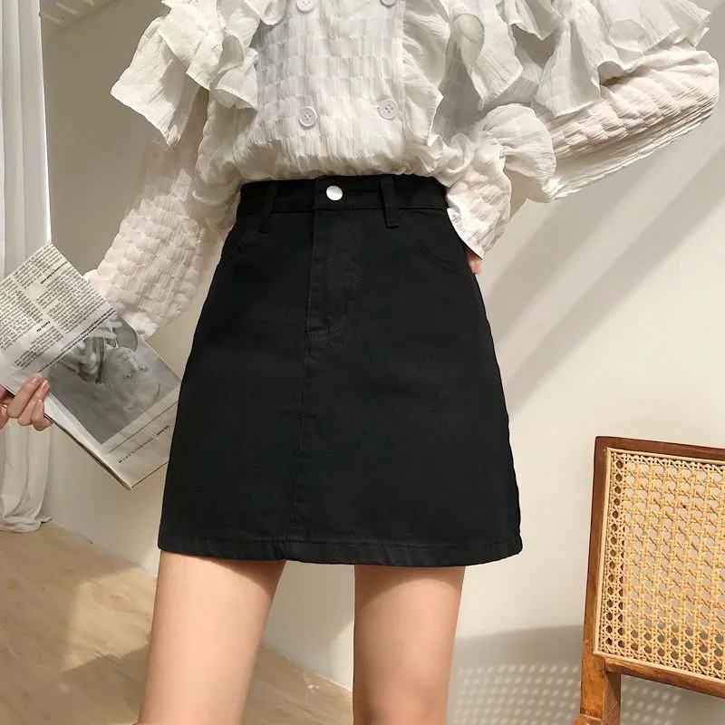 ins Black Denim Skirt Women Korean All-Matching High Waist A-Line Hip Flattering Short Skirt