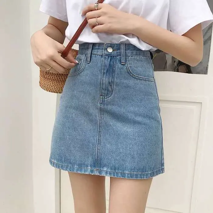 ins Black Denim Skirt Women Korean All-Matching High Waist A-Line Hip Flattering Short Skirt