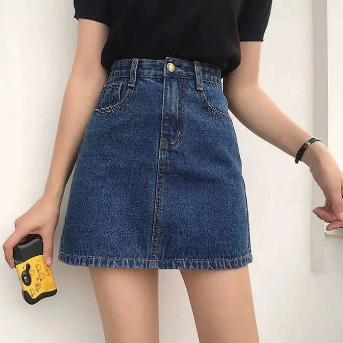 ins Black Denim Skirt Women Korean All-Matching High Waist A-Line Hip Flattering Short Skirt