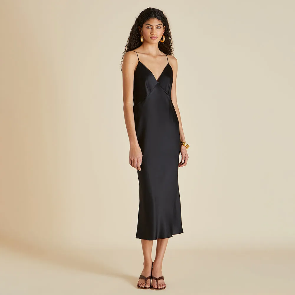 Issa Jet Black Slip Dress in Silk Satin