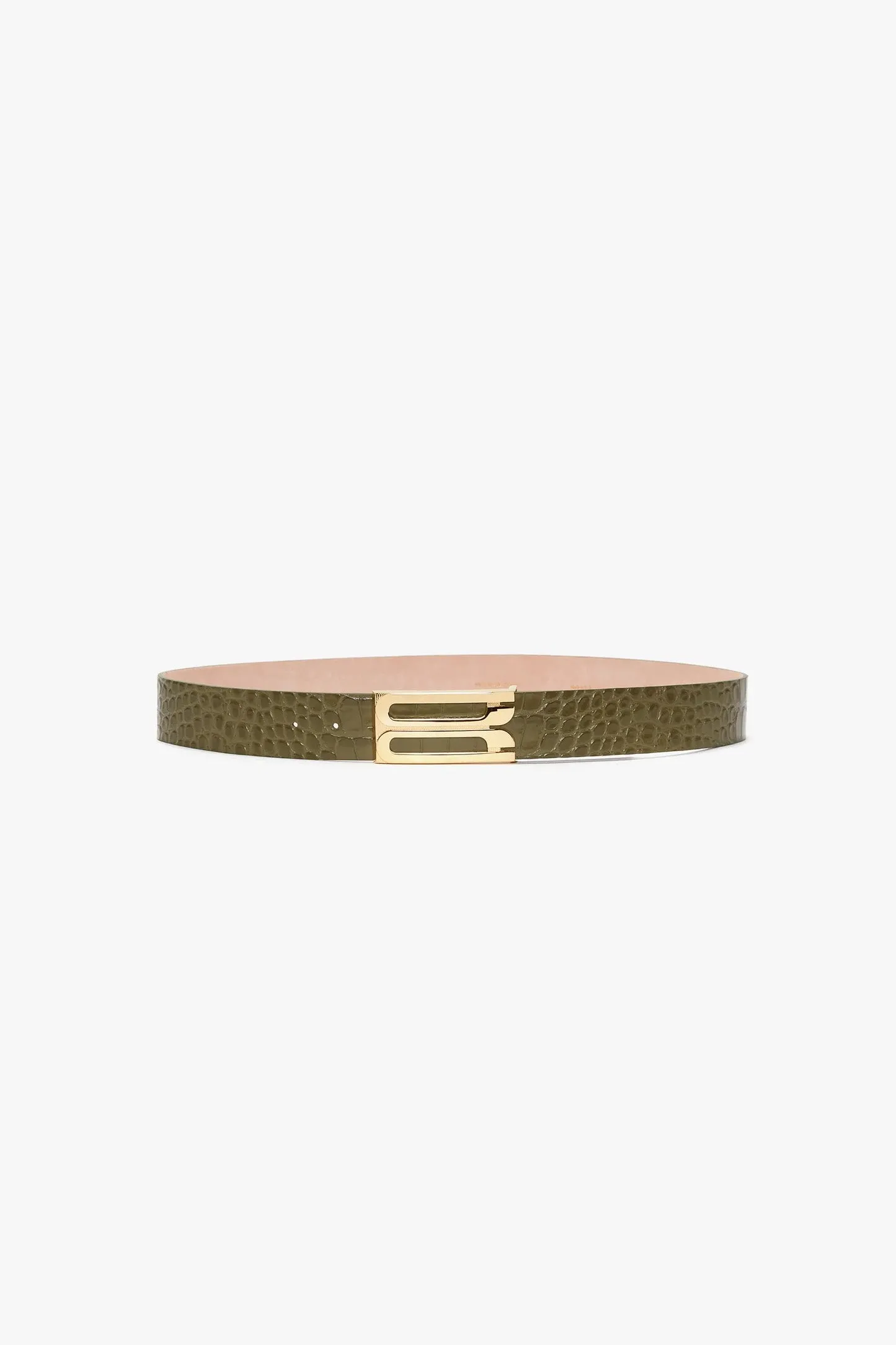 Jumbo Frame Belt In Khaki Croc Embossed Calf Leather