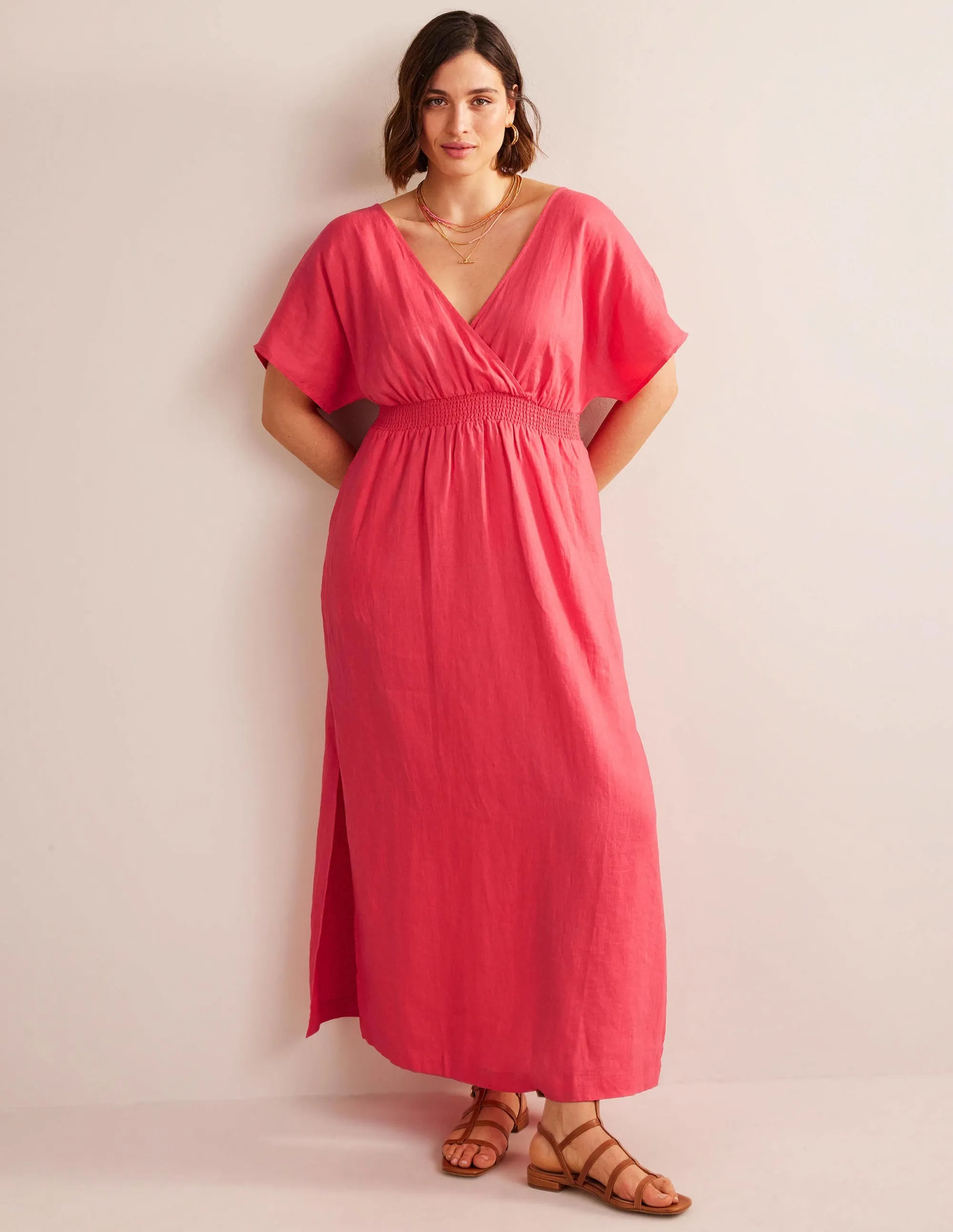 Linen Kaftan Maxi Dress-Coral Sunset