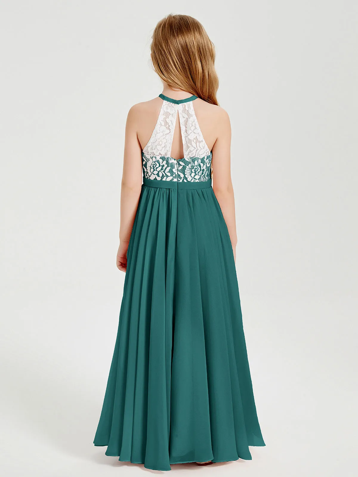 Long Chiffon Bridesmaid Dresses Lace Top Peacock