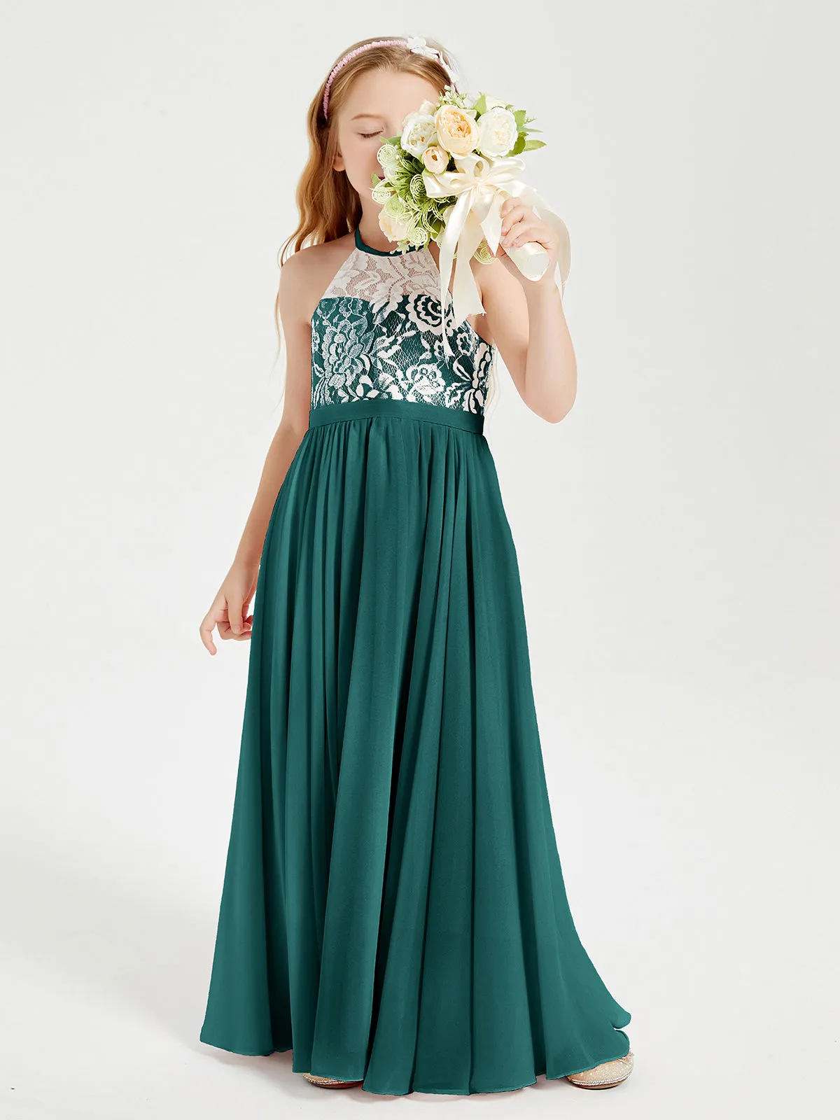 Long Chiffon Bridesmaid Dresses Lace Top Peacock