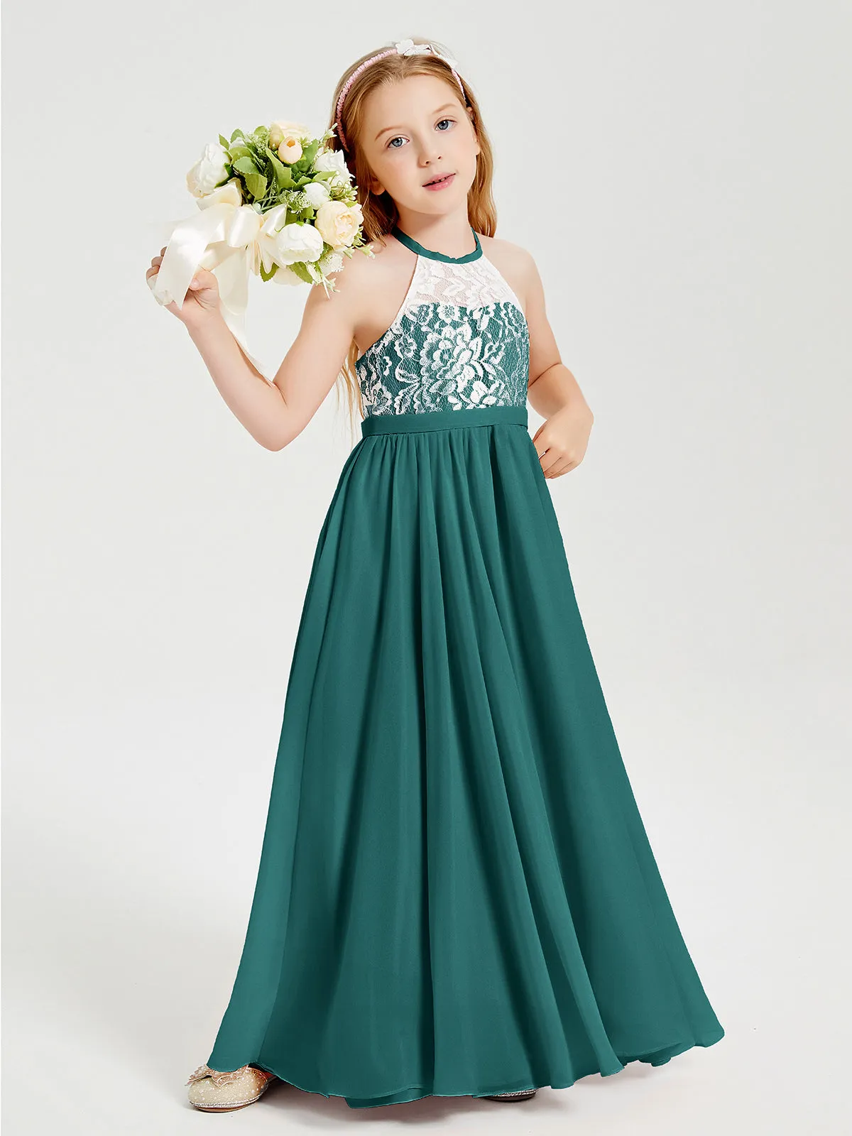 Long Chiffon Bridesmaid Dresses Lace Top Peacock