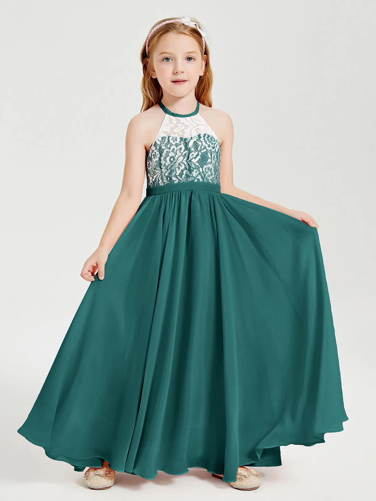 Long Chiffon Bridesmaid Dresses Lace Top Peacock