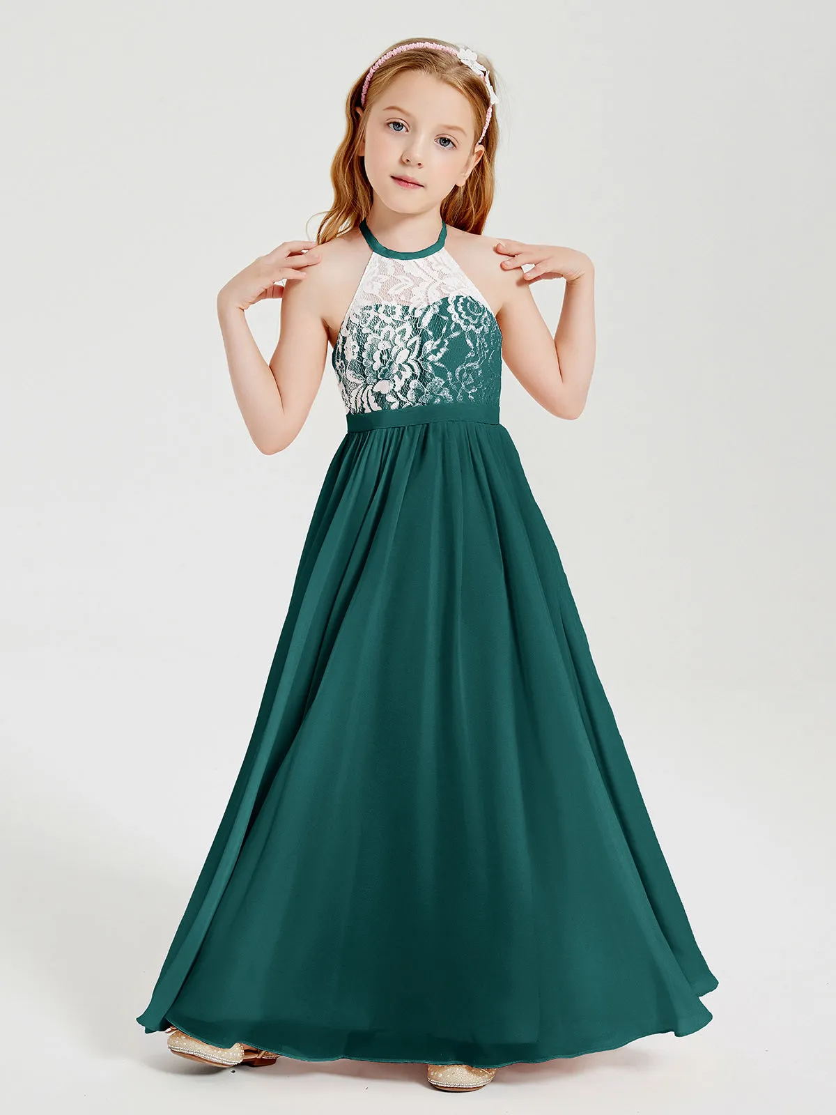 Long Chiffon Bridesmaid Dresses Lace Top Peacock