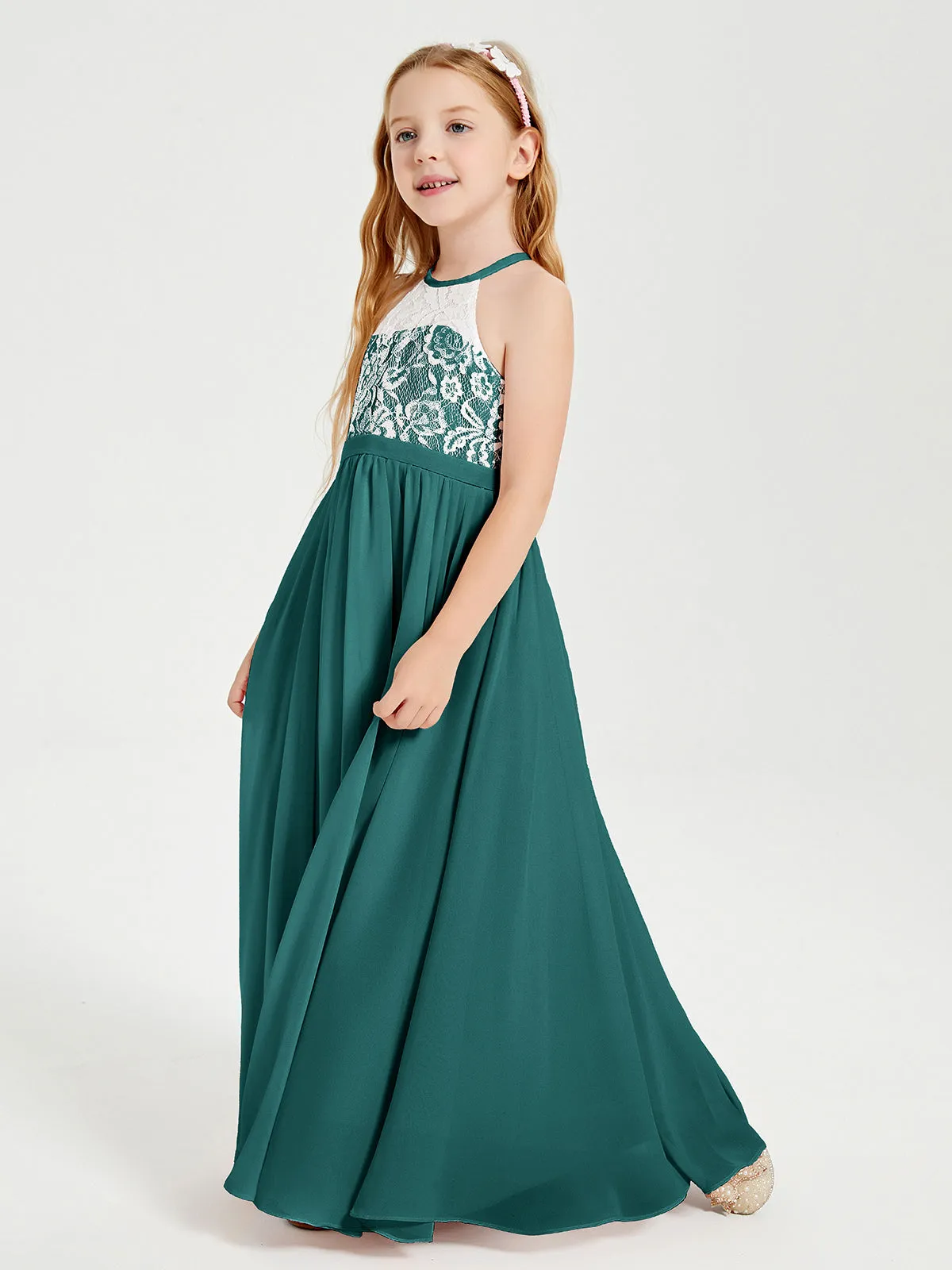 Long Chiffon Bridesmaid Dresses Lace Top Peacock