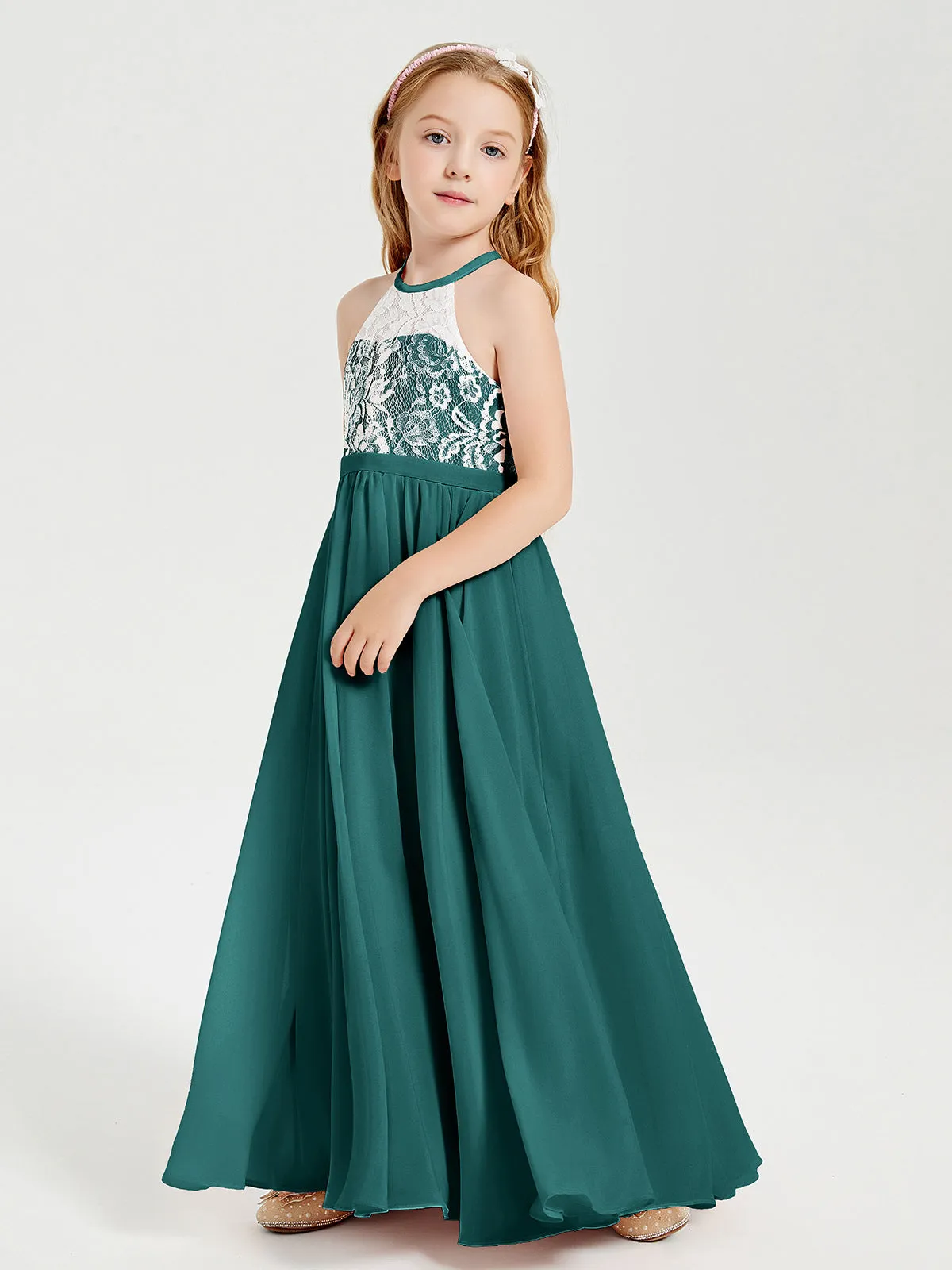 Long Chiffon Bridesmaid Dresses Lace Top Peacock